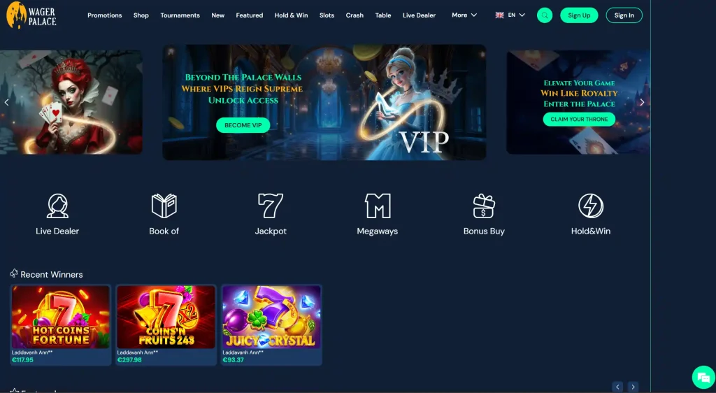 Wager Palace Casino homepage with navigation menu, VIP banners and game categories