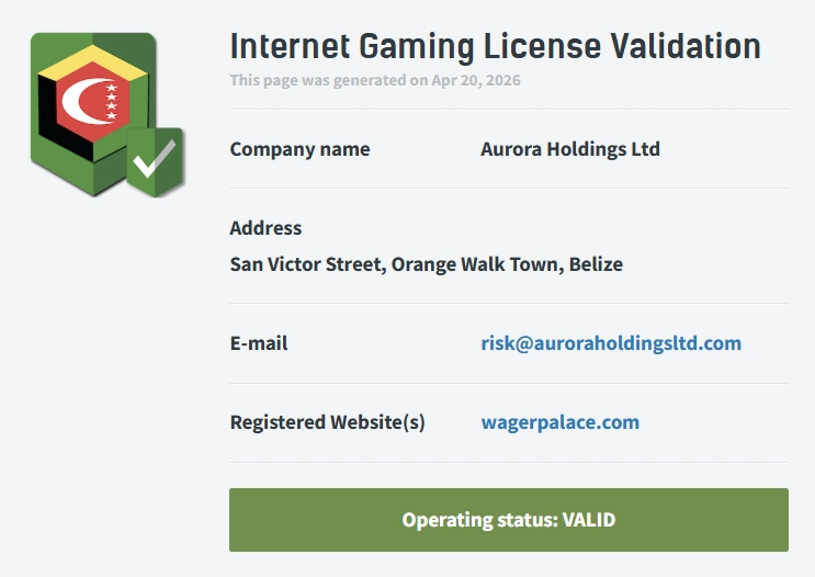 Wager Palace Casino license validation page with company details and valid status