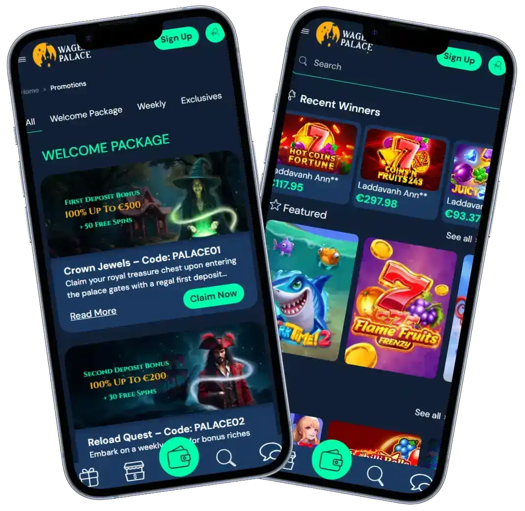 Wager Palace Casino mobile interface showing welcome bonus offers and featured slot games