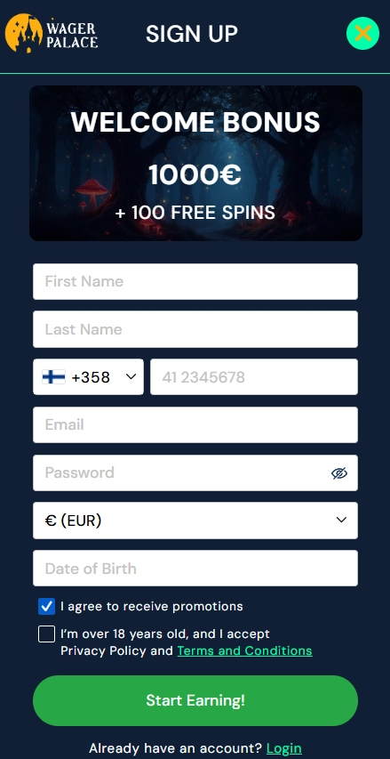 Wager Palace Casino sign up form with €1000 bonus and 100 free spins offer